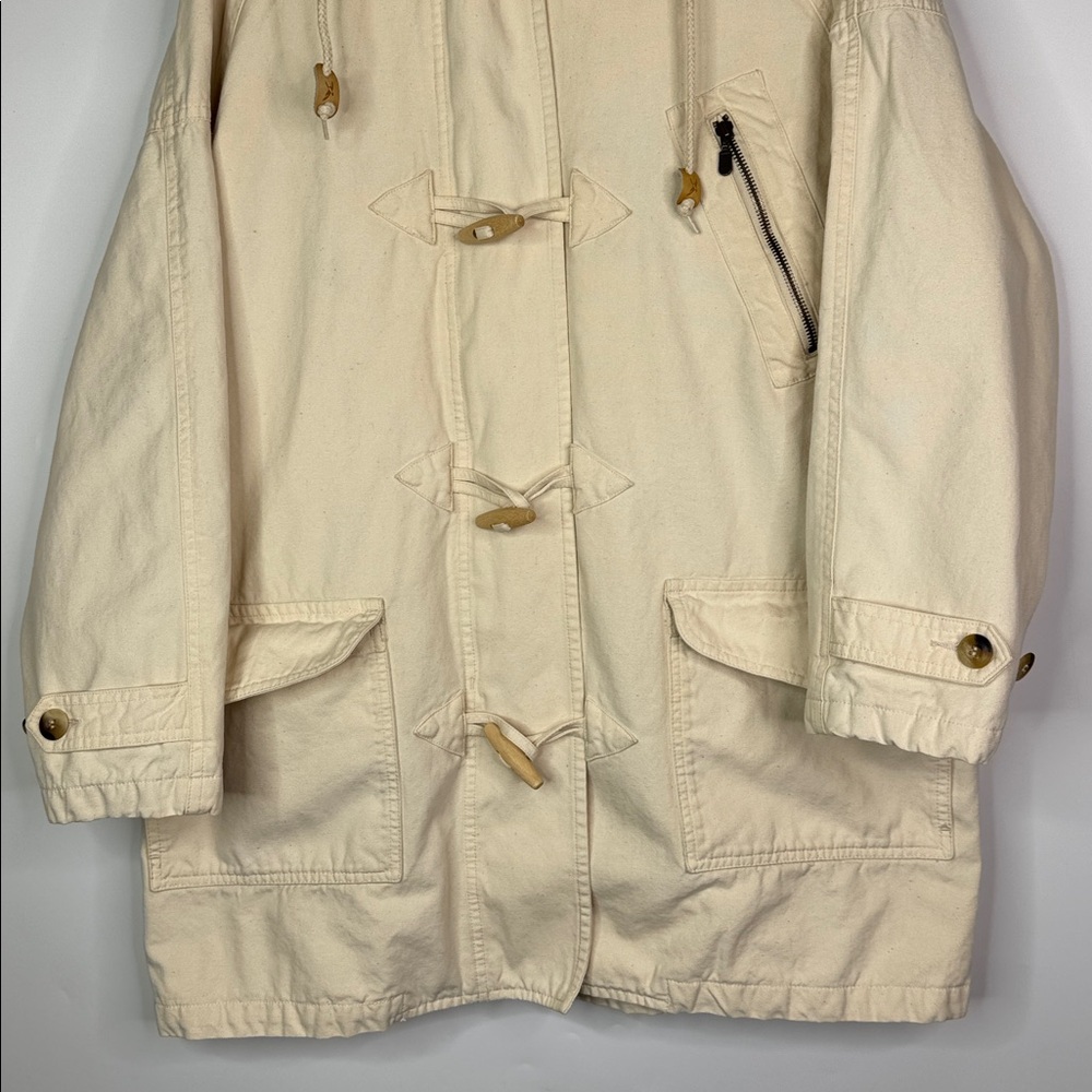 Vintage Eddie Bauer Hooded Toggle Beige Cargo Chore Jacket Size Large - Picture 3 of 11